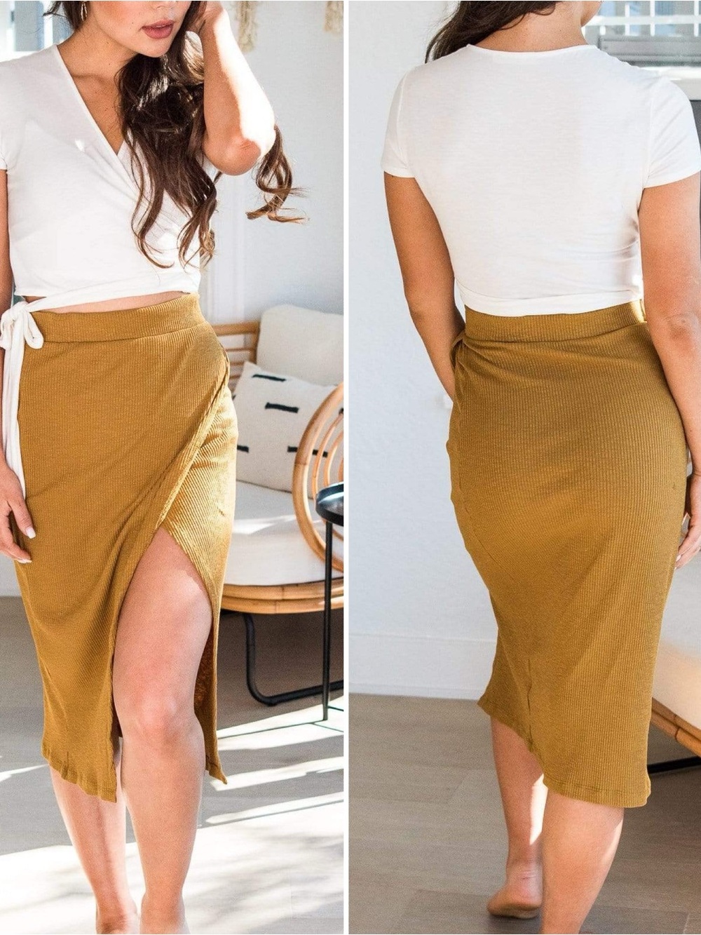 Sozy Ribbed Mustard Ochre Wrap Skirt